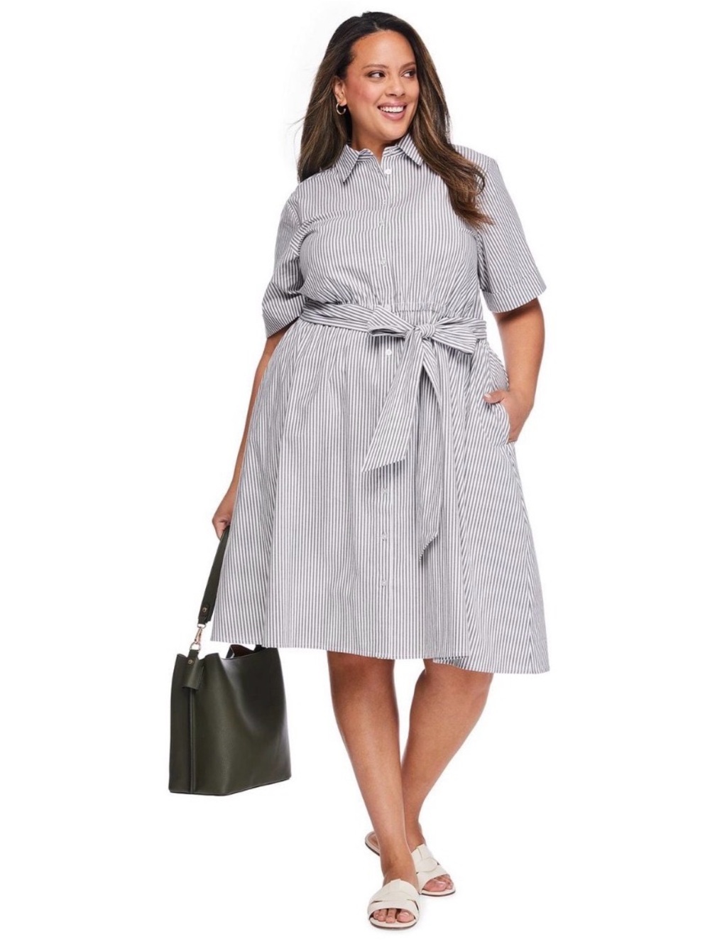 Plus Size White and Grey Pinstripe Shirt Midi Dress with Tie Waist